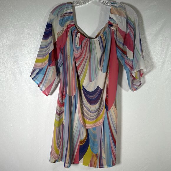 Trina Turk Amaris Rainbow Reflections Off Shoulder Shift Dress Womens Sz 2 NEW - Picture 10 of 16